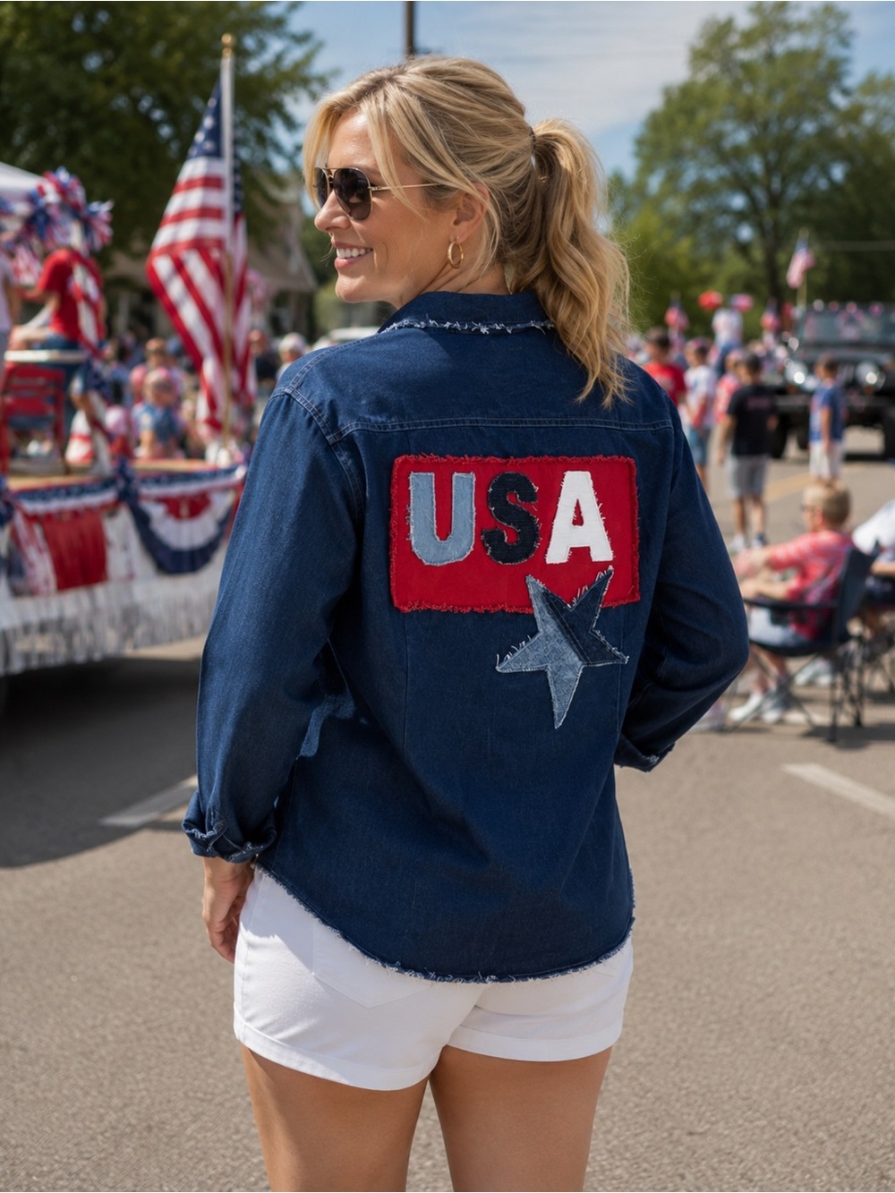 USA Shirt with Upcycled Denim. Olympics Shirt. Large.